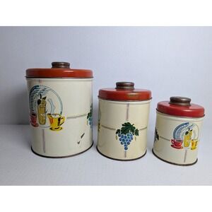 Vintage Metal Kitchen Canister Set 3 Pc Red Lids Fruit Grapes Coffee Retro